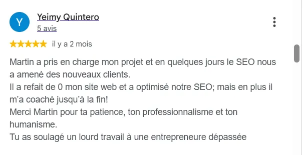 Avis Google cinq étoiles de Yeimy Quintero : elle rapporte de nouveaux clients et remercie Martin pour la refonte, le SEO et le coaching.