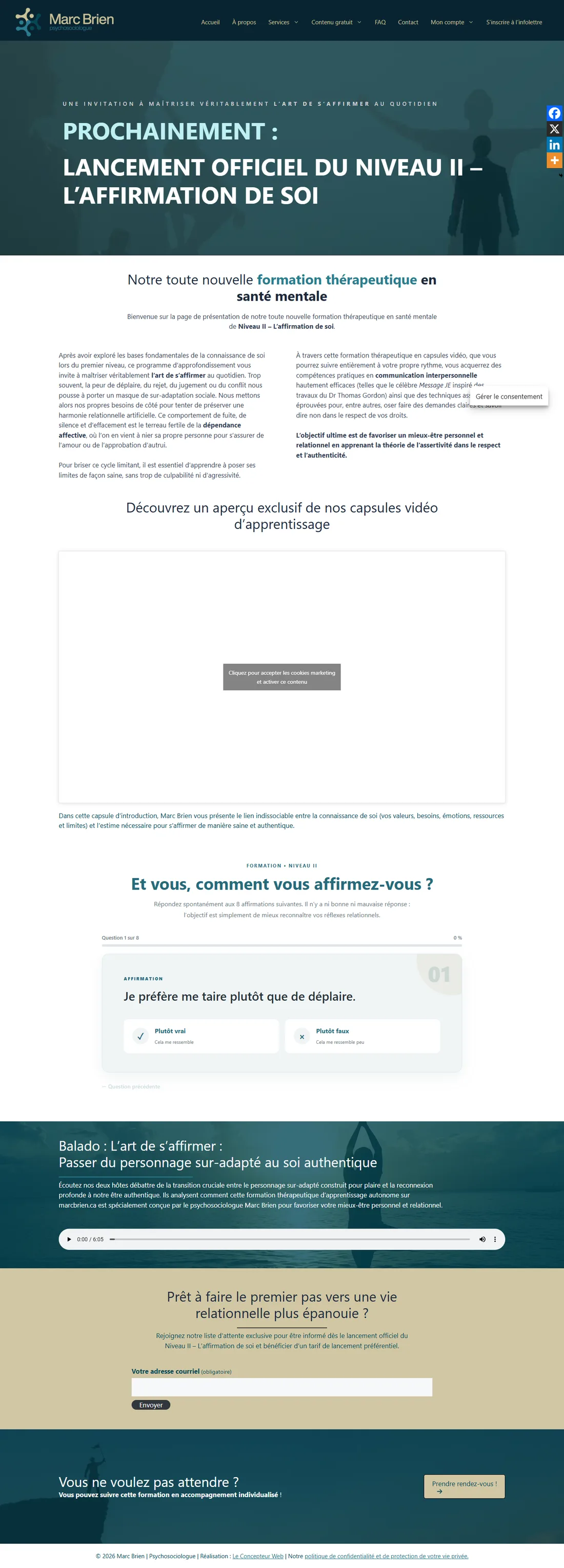 Capture complète : présentation, vidéo, questionnaire, balado, inscription au lancement et lien de prise de rendez-vous.