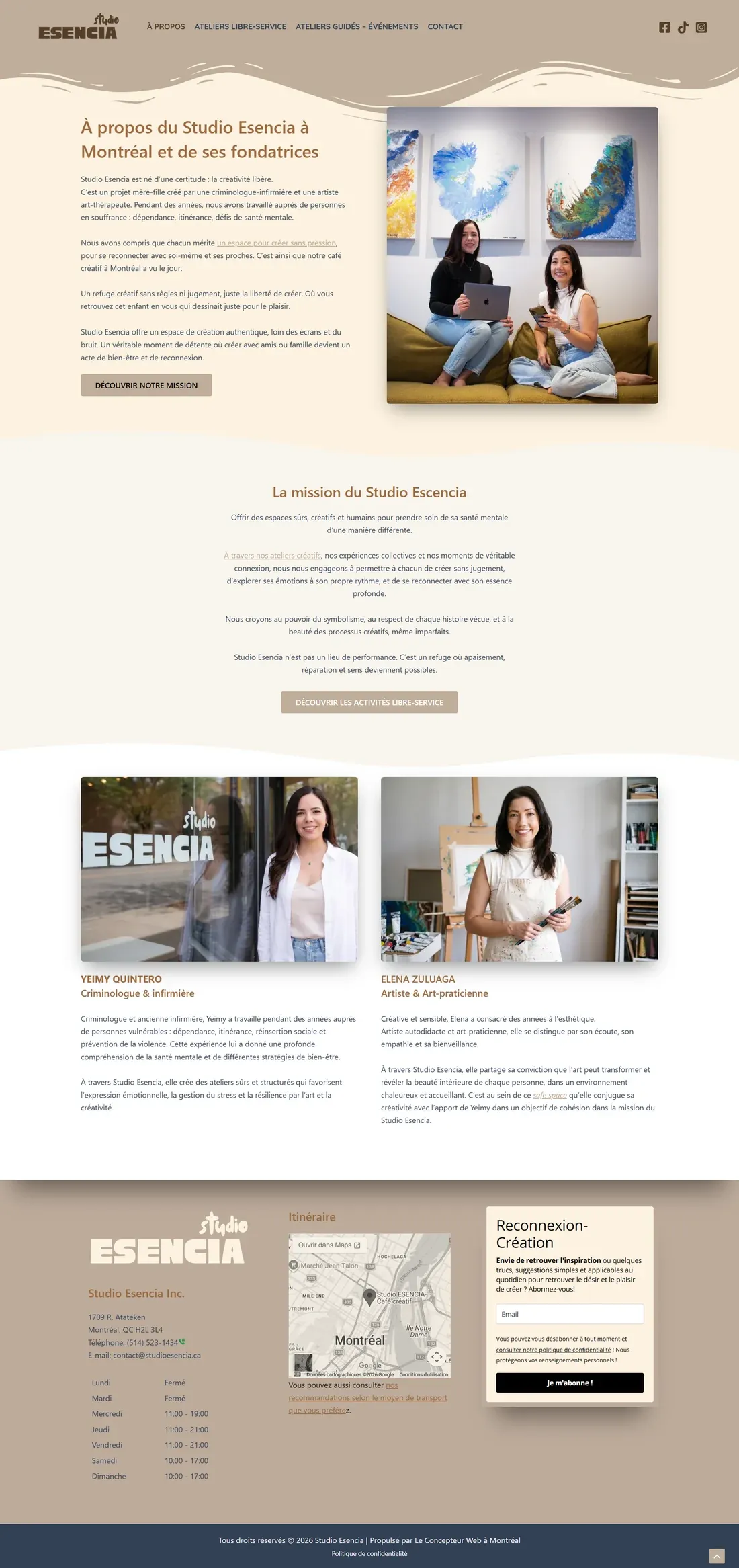 Capture de la page À propos : présentation du projet, mission, portraits et parcours des deux fondatrices.