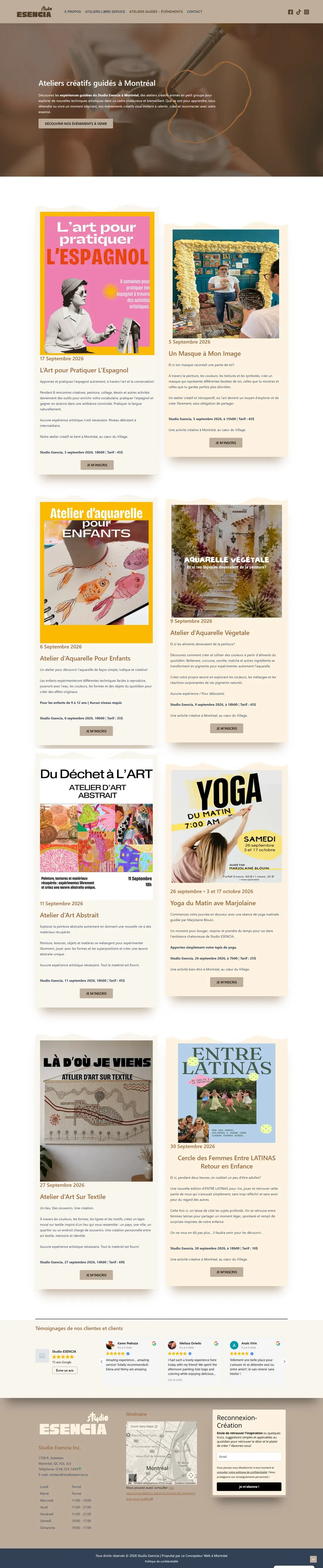 Aperçu de la programmation des ateliers guidés, avec les fiches d’activités et leurs boutons d’inscription.