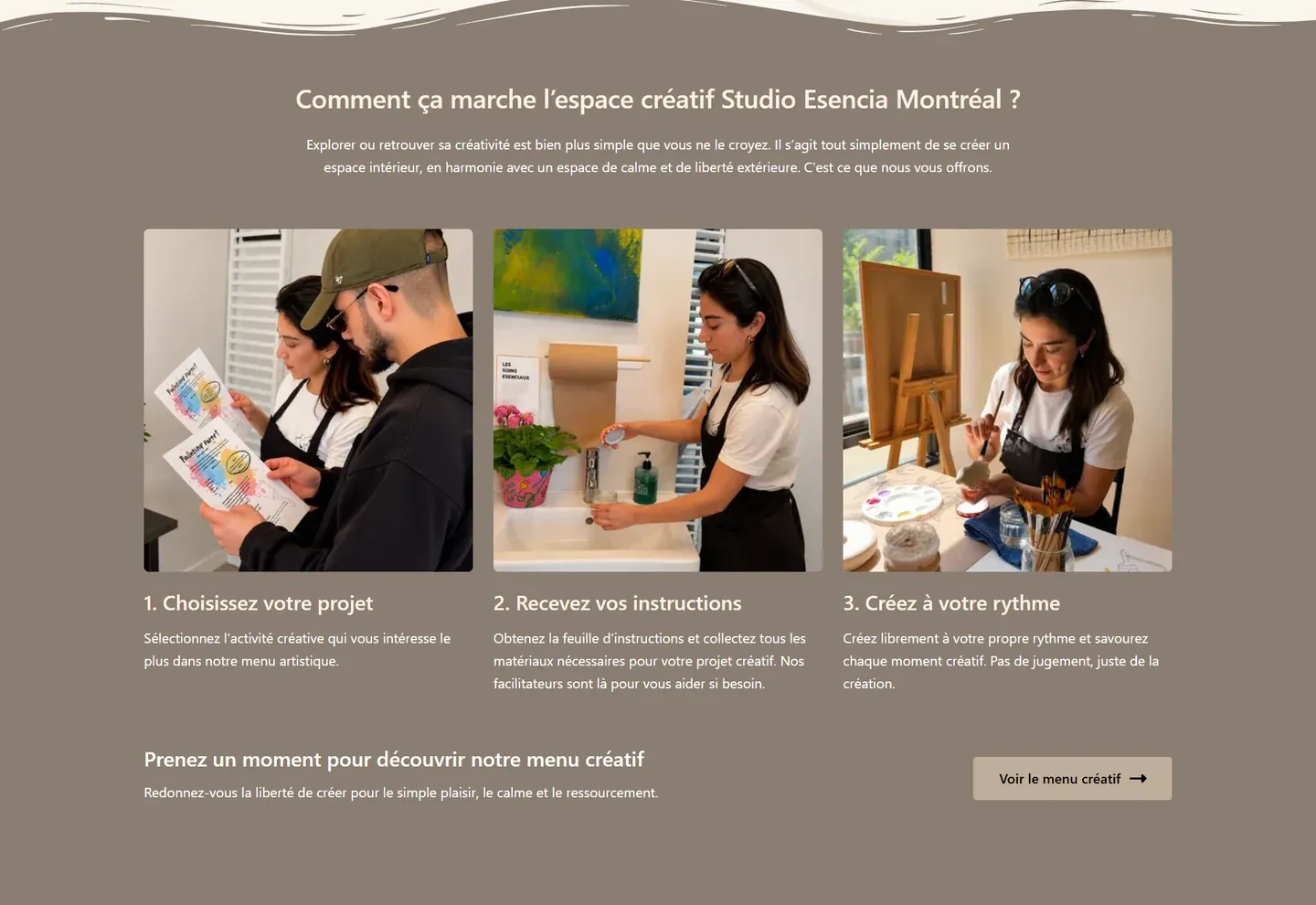 Le site explique les trois étapes : choisir son projet, recevoir les instructions et créer à son rythme.