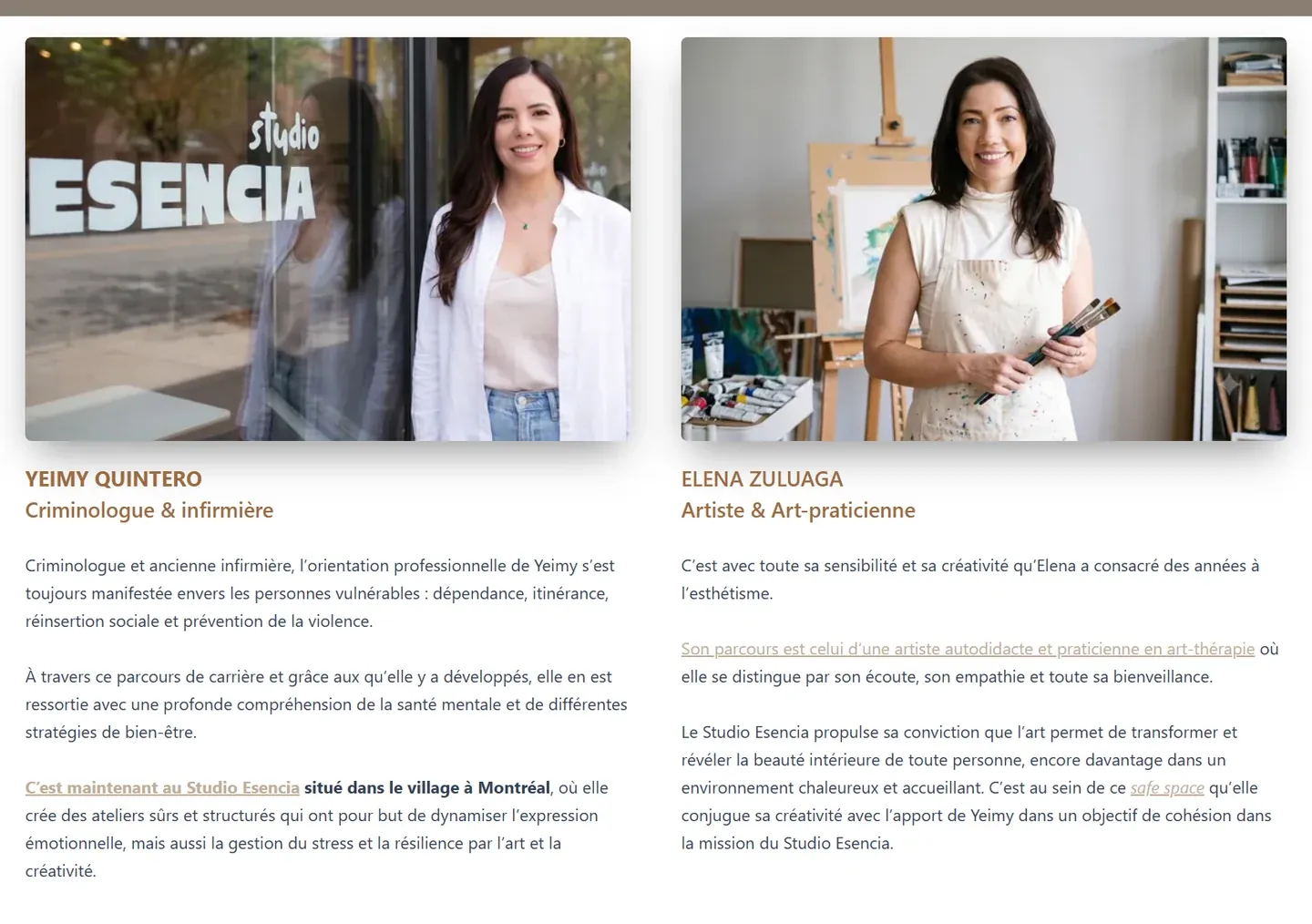 La section de l’accueil consacrée à Yeimy Quintero et Elena Zuluaga, avec leurs portraits et leurs parcours.
